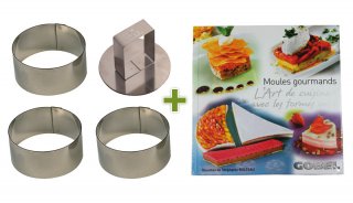 3 cercles à mousse + poussoir, Ø 7cm + livre de recettes gourmandes avec les formes inox